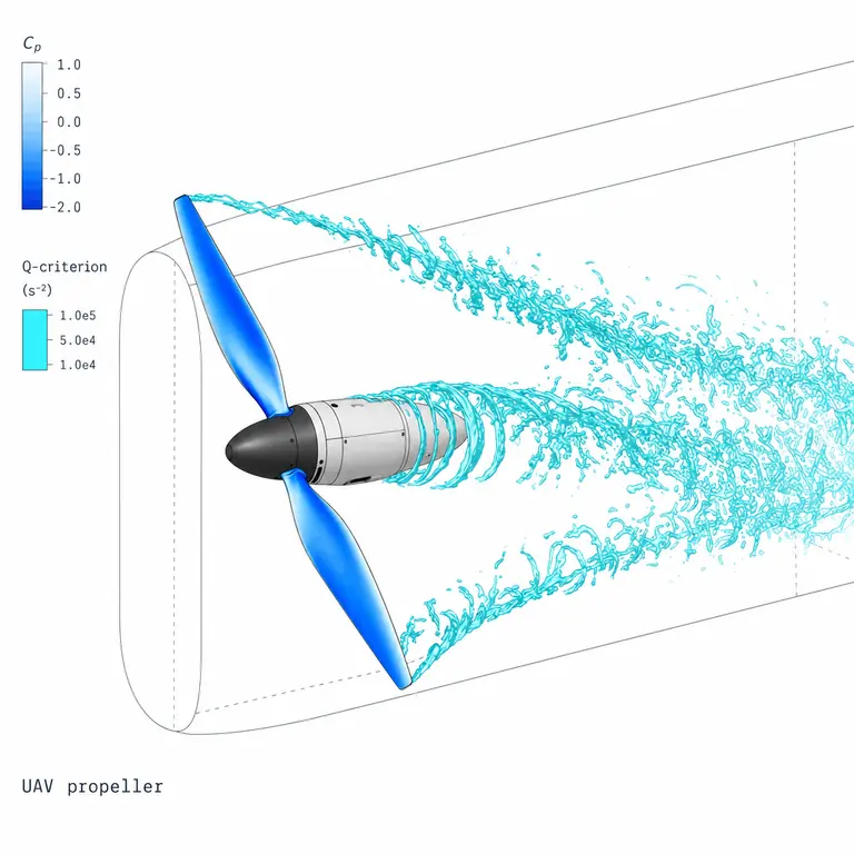 CFD vortex iso-surfaces trailing from a UAV propeller in a wind tunnel.
